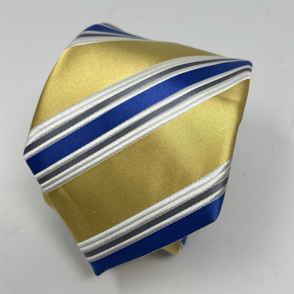 Donald J. Trump Silk Tie Mens Gold Blue Diagonal Stripe Signature Crest Necktie